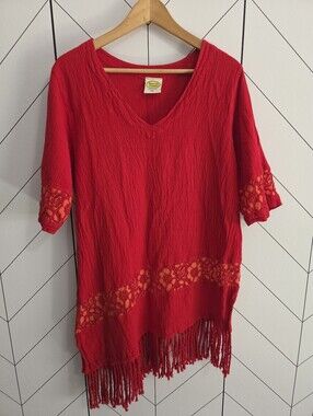 VTG Drawstrings of Malibu Red and Orange Gauze Cotton Tunic / Cover-Up, Size XL